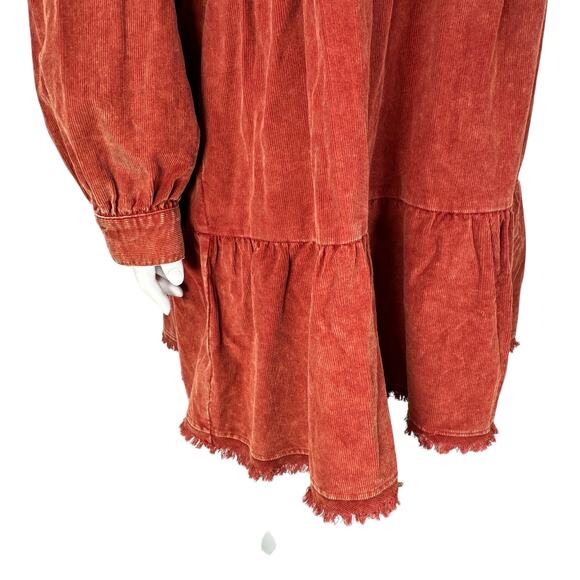 Umgee Babydoll Mini Dress Womens Size Large Corduroy Mineral Washed Pockets Rust - Picture 7 of 15